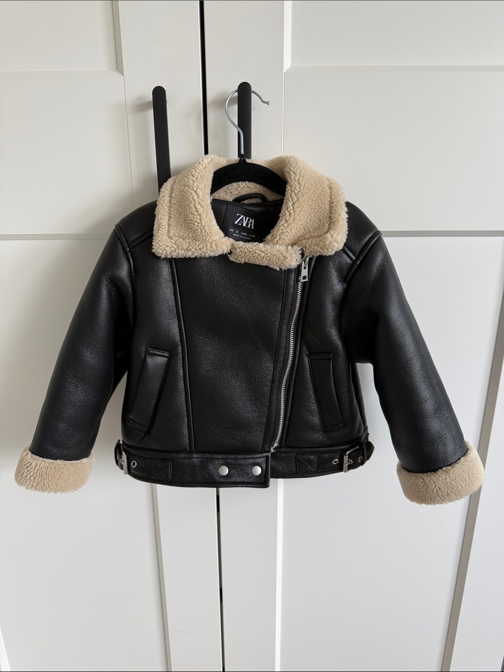 Zara Kids Black Faux Leather Aviator Jacket with Cream Shearling